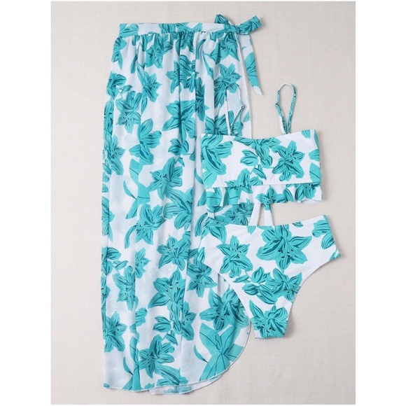 Boho Tropical Floral Print High Waist Bikini Cover up set - Picture 4 of 12